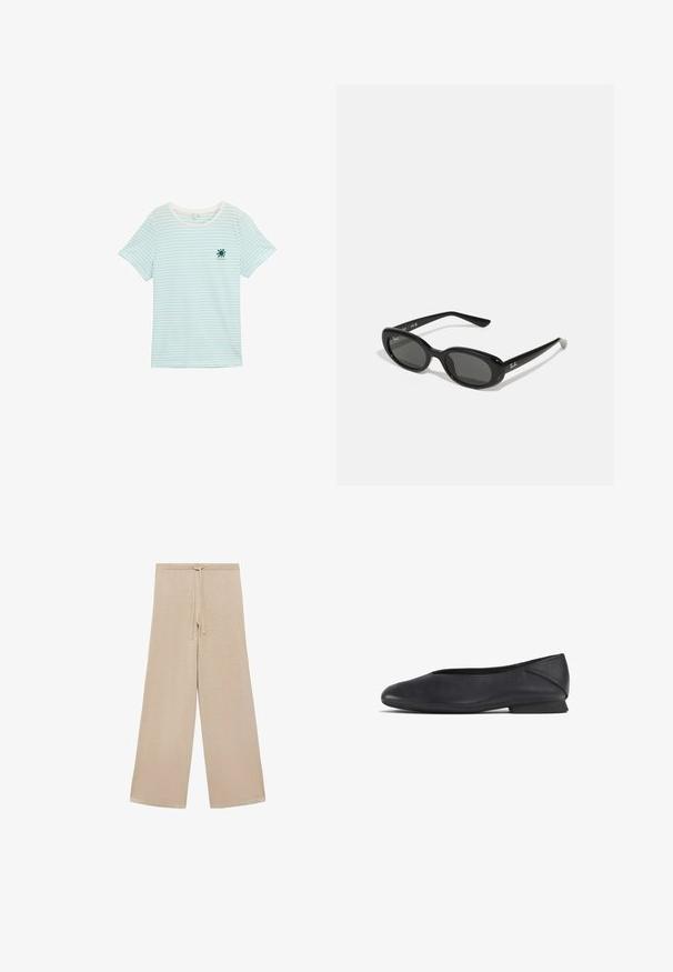 Sininen ja valkoinen raidallinen t-paita, lyhyet hihat, pyöreä pääntie, kevyttä puuvillakangasta. Rinnassa aurinkokuvio.; Beige levelehbukser laget av myk stoff, med strikk i midjen og glatt tekstur, uten mønstre eller ekstra maskinvare.; Musta nahkakengät litteällä pohjalla, pyöreällä kärjellä ja matalalla korolla, suunniteltu käyttöön sekä arkeen että juhlaan.; Mustat aurinkolasit, joissa on soikeat linssit, kiiltävä muovikehys ja kapeat varret. Sivussa on valkoinen Ray-Ban-logo.; DRAGON DIFFUSION SANTA CROCE BIG - Käsilaukku - black