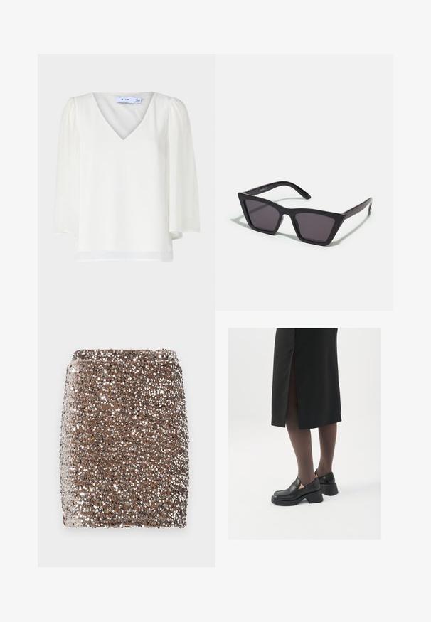 VILA VIMICADA V NECK - Bluse - cloud dancer; Brauner, glitzernder Minirock mit taillierter Passform, bedeckt mit reflektierenden silbernen Pailletten, die einen strukturierten, schimmernden Effekt erzeugen.; Schwarze Lederschuhe mit abgerundetem Zeh, dicker Blockabsatz und elastischen seitlichen Akzenten, kombiniert mit dunklen Strumpfhosen und einem schwarzen Rock mit Schlitz.; Schwarze, eckige Sonnenbrille mit grauen Gläsern; aus Kunststoff gefertigt, mit dicken Bügeln, die eine glatte Oberfläche und keine sichtbaren Beschläge haben.
