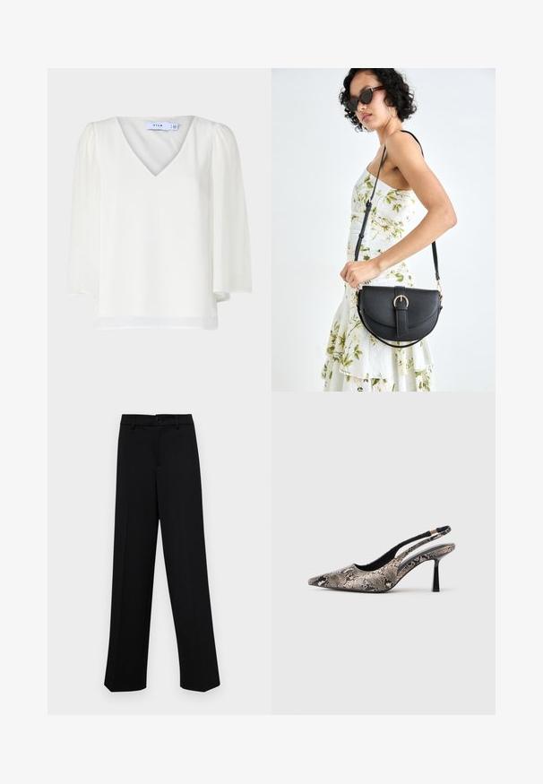 VILA VIMICADA V NECK - Blusa - cloud dancer; Pantalones de pierna ancha negros, hechos de un tejido suave, con una cintura clásica que incluye un cierre de botón y pliegues frontales.; Zapatos slingback de punta afilada fabricados con un material de estampado de serpiente texturizado, con un delgado tacón negro y un diseño recortado en los laterales.; Bolso de piel negra con forma curva, correa desmontable y herrajes dorados. El bolso cuenta con una solapa con un detalle de hebilla.