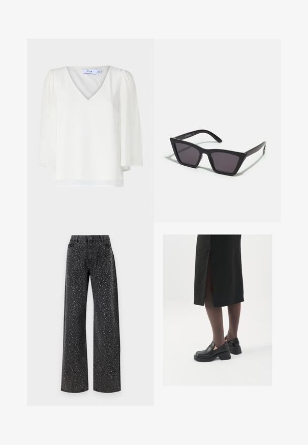 VILA VIMICADA V NECK - Camicetta - cloud dancer; Noisy May NMJANNEL LOOSE - Jeans baggy - black denim; Scarpe in pelle nera con punta arrotondata, tacco spesso a blocco e accenti laterali in elastico, abbinate a collant scuri e una gonna nera con uno spacco.; Occhiali da sole neri e angolari con lenti grigie; realizzati in plastica, con aste spesse dalla superficie liscia e senza hardware visibile.; Orecchini a cerchio in argento con un design minimalista. Forma circolare, superficie liscia e profilo sottile. Leggeri con una finitura lucida.