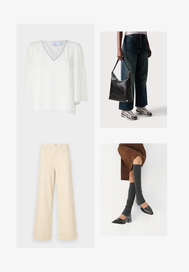 VILA VIMICADA V NECK - Blusa - cloud dancer; Jeans de perna larga bege feitos de algodão. Apresentam um fecho de botão, passadores para cinto e bolsos frontais com uma textura lisa e suave.; Sapatos pretos de pele lacada com biqueira pontuda, salto bloco e tiras no tornozelo, combinados com caneleiras cinzas em malha e uma saia de camurça castanha.; Bolsa de ombro em couro preto com textura suave e alça ajustável, combinada com jeans de perna larga desbotados e ténis desportivos.