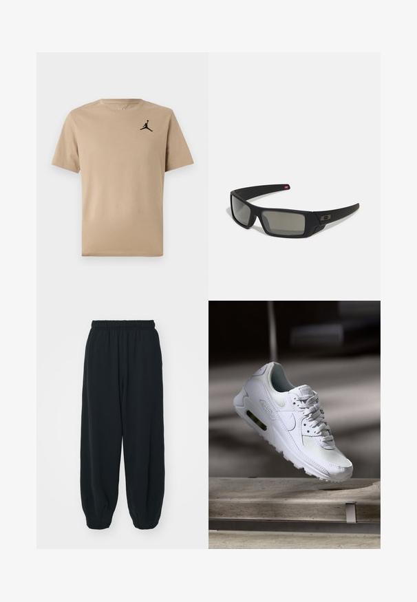 Camiseta de algodón beige de manga corta, con un logo Jumpman negro en el lado izquierdo del pecho. Cuello redondo sencillo y dobladillo recto.; Pantalones de chándal negros con cintura elástica, de corte holgado, con puños en los tobillos, textura suave y sin patrones visibles ni acentos metálicos.; Zapatilla Nike Air Max 90 blanca con parte superior de malla y cuero, caja de puntera perforada y unidad de aire visible en el talón.; Gafas de sol negras con acabado mate, lentes rectangulares, ligera curvatura en las patillas, sutil detalle del logo y lentes ahumados.