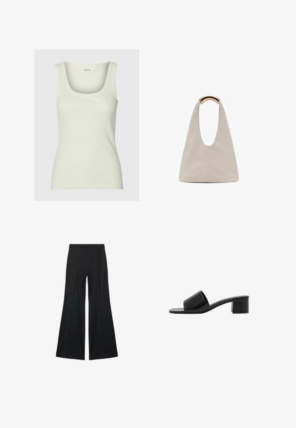 Geribbelde tanktop in zacht pastelgroen, met een ronde halslijn en brede schouderbanden. Gemaakt van een stretchy katoenmix voor comfort.; Zwarte wijde-pijpen broek met een gladde textuur, gekenmerkt door voorplooien en een op maat gemaakte uitstraling. De stof is lichtgewicht en vloeiend.; Zwarte leren open teen slide sandaal met een brede band en een stevige blokhak. Kenmerkt zich door een soepele textuur en een minimalistisch design.; Lichtgrijze leren tas met een U-vormig ontwerp en een gebogen metalen handvat. Glad oppervlak met minimale stiksels en geen zichtbare patronen.