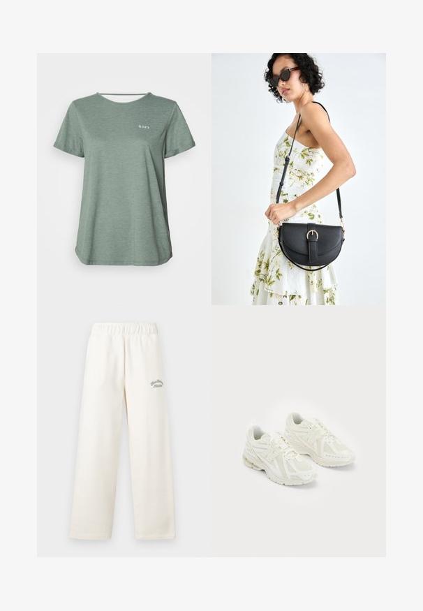 Zaļš īsām piedurknēm t-krekls ar apaļu kakla izgriezumu un Roxy logo, kas drukāts baltā krāsā. Izgatavots no mīksta, teksturēta auduma ar brīvu piegriezumu.; Kremkrāsas plaši bikses, izgatavotas no mīksta materiāla ar elastīgu jostu. Priekšpusē ir smalks zaļš izšuvums.; Baltie sporta apavi ar sietveida un sintētiskiem materiāliem, ar auklām, mīkstināta apmales, un teksturētu zoli labākai saķerei. Vieglas konstrukcijas.; Melnas ādas rokassoma ar izliekta formu, noņemamu siksnu un zelta aksesuāriem. Somai ir vāciņš ar sprādzes detaļu.