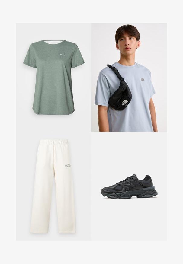 Roheline lühikeste varrukatega T-särk, millel on ümmargune kaelus ja valge Roxy logo. Valmistatud pehmest, tekstureeritud kangast, millel on vabalt langev lõige.; Kreemikas värvitoon laiad püksid, mis on valmistatud pehmest materjalist ja millel on elastne vöökoht. Esiküljel on peen roheline tikkimine.; Mustad mustus jooksukeng, mis sisaldab segu võrgust ja sünteetilisest materjalist, jäme talla, kaarduv disain ja silmapaistev bränding külgedel.; Must musta rihma kott, millel on reguleeritav rihm ja silmapaistev valge logo. Kandmine helesinise T-särgi peal. Lihtne ja funktsionaalne disain.