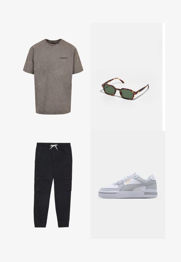 Šedé voľné tričko vyrobené z bavlny s otrhaným vzhľadom. Má okrúhly výstrih a malú čiernu logo na hrudi.; Čierne cargo nohavice z bavlny, s elastickým pásom a šnúrkou, bočnými vreckami a zúženými nohavicami.; Šedé a biele tenisky s hladkým koženým zvrškom, perforovanou špičkou, šnurovaním, textúrovanými akcentmi a jemným zlatým logom.; Okuliarovité slnečné okuliare z korytnačiny s zelenými šošovkami, s osmiuholníkovým tvarom a tenkými, zakrivenými rámikmi. Materiál má lesklý povrch.
