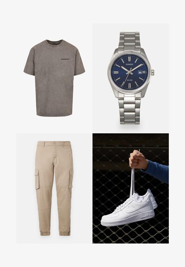 Grijze oversized t-shirt van katoen met een verouderde afwerking. Heeft een ronde halslijn en een klein zwart logo op de borst.; Beige cargobroek van lichtgewicht katoenen materiaal. Kenmerkend zijn de elastische boorden, meerdere zijzakken en een knoopsluiting.; Witte leren sneakers met perforaties, ronde neus, vlakke zool en dikke veters, met een zichtbare swoosh-logo en "AIR" op de hiel.; Zilveren roestvrijstalen horloge met een marineblauwe wijzerplaat, metalen uurmarkeringen en een datumnis op 3 uur. Waterbestendig tot 50 meter.