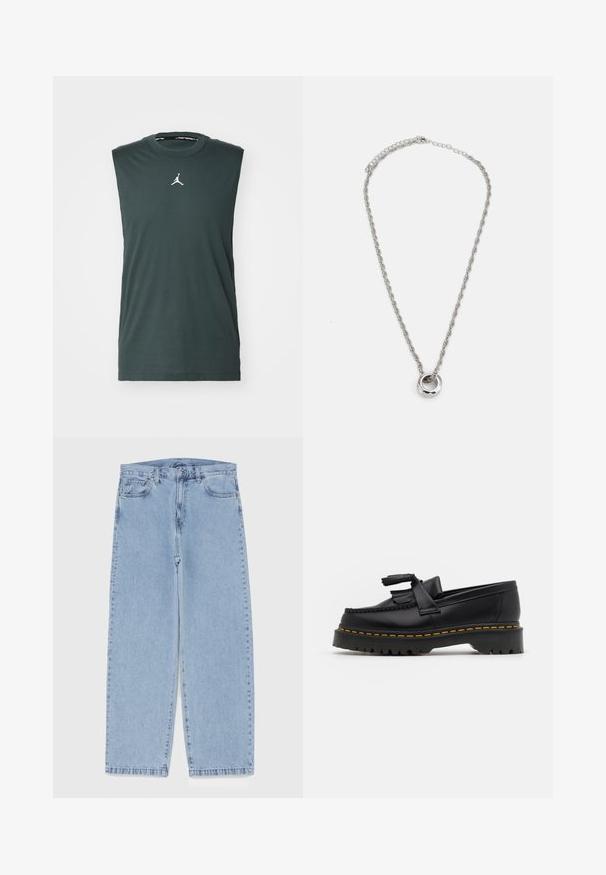 Ærmeløs mørkegrønn T-skjorte laget av bomull, med rund hals og en hvit Jordan-logo på brystet.; Lyseblå denimjeans med rett ben-design, med mid-rise liv, fem lommer og knap og lynlås lukning.; Svart skinn loafers med en kvastdetalj, med en tjock svart sula och gul sömnad längs kanten. Texturerad yta.; Sølvfarget metallhalskjede med et tvistet kjededesign og en sirkulær anheng med polert overflate.