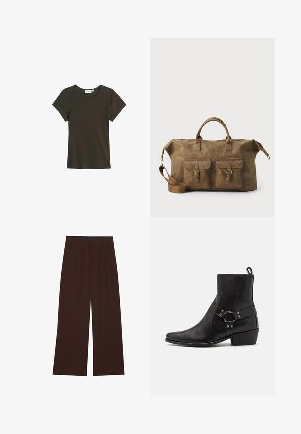 Dunkelgrünes T-Shirt mit kurzen Ärmeln, gefertigt aus weichem, geripptem Stoff, mit Rundhalsausschnitt und lockerer Passform, das minimale Nähte aufweist.; Braune weite Hosen mit Falten. Aus einem glatten Stoff gefertigt, mit einem taillierten Bund und seitlichen Taschen. Flacher Saum am Boden.; Schwarze Leder-Stiefeletten mit spitzer Zehenform, seitlichem Riemen mit runder Hardware-Akzentuierung und niedrigem Blockabsatz. Glatte Textur.; Braune Ledertasche mit zwei Fronttaschen, verstellbarem Schulterriemen, goldfarbenen Beschlägen und stabilen oberen Griffen. Glatte Textur.
