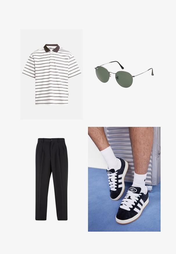 Polo a maniche corte bianco con righe orizzontali marrone scuro. Presenta un colletto a contrasto marrone scuro e tessuto in cotone morbido.; Pantaloni neri con design a pieghe sul davanti, realizzati in tessuto morbido. Presentano una chiusura con bottone e passanti per cintura; vestibilità a gamba dritta.; Sneakers in suede nero con lacci bianchi e tre strisce bianche. Presentano un logo circolare nero sulla linguetta e una suola in gomma color gomma.; Occhiali da sole con montatura in metallo e lenti verdi ovali. Montatura sottile in metallo argento e terminali neri. Design minimalista, senza loghi visibili.
