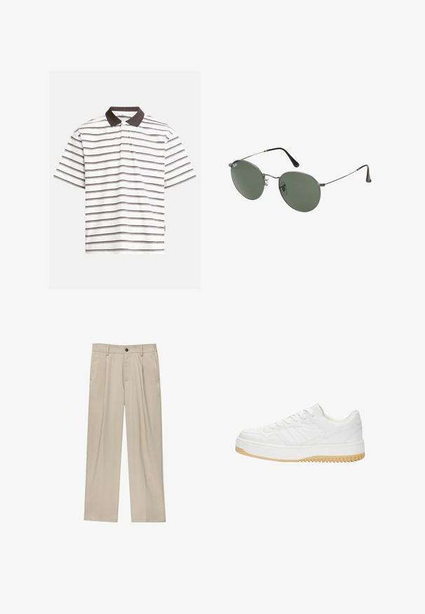 Polo majica s kratkimi rokavi v beli barvi z navpičnimi temno rjavimi črtami. Ima kontrastni temno rjavi ovratnik in mehak bombažni material.; Bež hlače ravnega kroja, z enim črnim gumbom, zanke za pas in stranskimi žepi. Gladka tekstura tkanine in minimalističen dizajn.; Beletena usnjena športna obutev z teksturiranim zaključkom, ki vsebuje gumijast podplat, vezalni dizajn in subtilne črtne akcentne na straneh.; Sončna očala z ovalnimi zelenimi lečami v kovinskem okvirju. Tanjši srebrni kovinski okvir in črne ušesne konice. Minimalistična zasnova, brez vidnih logotipov.