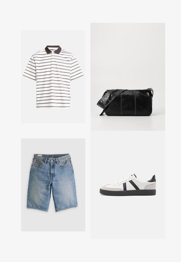 Polo tričko s krátkym rukávom v bielej farbe s tmavohnedými horizontálnymi pruhmi. Má kontrastný tmavohnedý golier a je vyrobené z jemnej bavlny.; Denimové šortky v svetlomodrej farbe s klasickým strihom. Obsahujú päť vreciek, oranžové švy a surové okraje.; Biele tenisky s čiernymi a šedými akcentmi, s textúrovanou šedou špičkou, čiernou gumovou podrážkou a plochými bielymi šnúrkami. Čistý dizajn, minimalistický štýl.; Čierna kožená kabelka cez plece so zipsovým uzáverom, so štruktúrovaným telom, bielym prešívaním a popruhom so striebornými očkami.