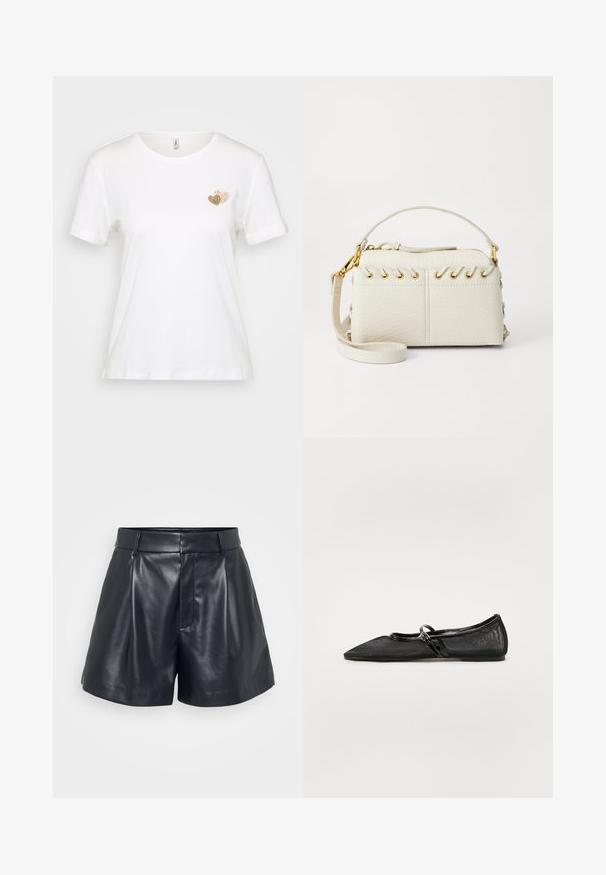 Biele tričko s krátkymi rukávmi vyrobené z bavlny, so malým zlatým srdiečkom na ľavej hrudi. Klasický okrúhly výstrih, uvoľnený strih.; Čierne kožené šortky s hladkým povrchom, upravený dizajn, skladaný predok a pútka na opasok; obsahujú skrytú zipsovú kapsu na boku.; Čierne ploché topánky s špicatou špičkou, sieťovaným zvrškom a akcentmi z lakovanej kože. Obsahujú tenký pásik s detailom okrúhleho hardvéru.; Biela kabelka z imitácie kože s vrchným zipsom, krátkym uchom a odnímateľným crossbody popruhom so zlatými kovovými detailmi. Bočné šnurovanie.; Strieborná kruhová náušnica s lesklým povrchom, obsahujúca malé zlaté akcenty a okrúhly tvar, nosená na lalôčiku ucha.
