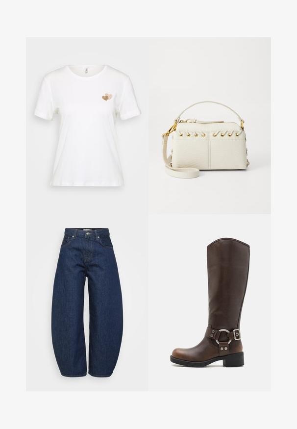 Balta īsām piedurknēm T-kreklā, kas izgatavots no kokvilnas, ar nelielu zelta sirds dizainu kreisajā krūšu daļā. Klasiska apaļā kakla izgriezums, brīva piegriezuma.; Augstās jostas tumši zilas džinsa bikses ar plašām kājām, ar priekšējo pogu un rāvējslēdzēja aizdari, kā arī klasisko piecu kabatu dizainu.; Brūni ādas ceļgala augstuma zābaki ar apaļu metāla aksesuāru un sprādzi. Nedaudz teksturēta augšdaļa, sakrauta papēdis un noapaļots purns.; Baltā mākslīgā āda somiņa ar augšējo rāvējslēdzēju, īsu rokturi un noņemamu krūšu siksnu ar zelta krāsas aksesuāriem. Sānu diegu detaļa.; Sudraba auskars ar pulētu apdari, ar maziem zelta akcentiem un apaļu formu, uz ausu ļipiņas.