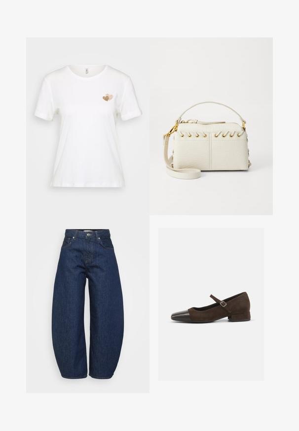 White short-sleeve t-shirt made of cotton, featuring a small gold heart design on the left chest area. Classic crew neckline, relaxed fit.; High-waist dark blue denim jeans with wide legs, front button and zipper closure, and classic five-pocket design.; Brown suede Mary Jane shoe with a black patent leather toe cap, adjustable strap, and a low block heel. Smooth texture with minimal accents.; White faux leather handbag featuring a top zipper, a short handle, and a removable crossbody strap with gold-tone hardware. Side lacing detail.; Silver hoop earring with a polished finish, featuring small gold accent details and a round shape, worn on the lobe.