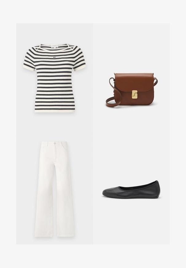 Geribbelde gebreide top met korte mouwen, voorzien van horizontale zwart-witte strepen, een ronde halslijn en een klein logo op de borst.; Witte, hoogwaist, wijde jeans van denim. Heeft een knoopsluiting, twee voorkruiszakken en zijnaadstiksel details.; Zwarte leren ballerina met een ronde neus, gladde textuur, minimale stikdetails en een flexibele zoolontwerp.; Bruine leren handtas met een klep sluiting, gouden hardware, een schouderband en een gladde textuur. Compact rechthoekige vorm.
