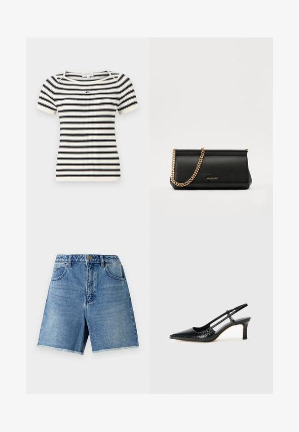 Dzianinowy, prążkowany top z krótkimi rękawami, z poziomymi czarno-białymi paskami, okrągłym dekoltem i małym logo na piersi.; Jeansowe szorty w jasnoniebieskim kolorze, z wysokim stanem, zapięciem na guziki, przednimi kieszeniami oraz postrzępionym wykończeniem, zapewniające luźny krój.; Czarne lakierowane czółenka na obcasie typu slingback z wąskim noskiem, z teksturowanym wzorem wężowym, regulowanym paskiem oraz krótkim, teksturowanym obcasem w kształcie słupka.; Czarna skórzana kopertówka z złotym łańcuszkiem, charakteryzująca się gładką fakturą, prostokątnym kształtem i wytłoczonym logo z przodu.