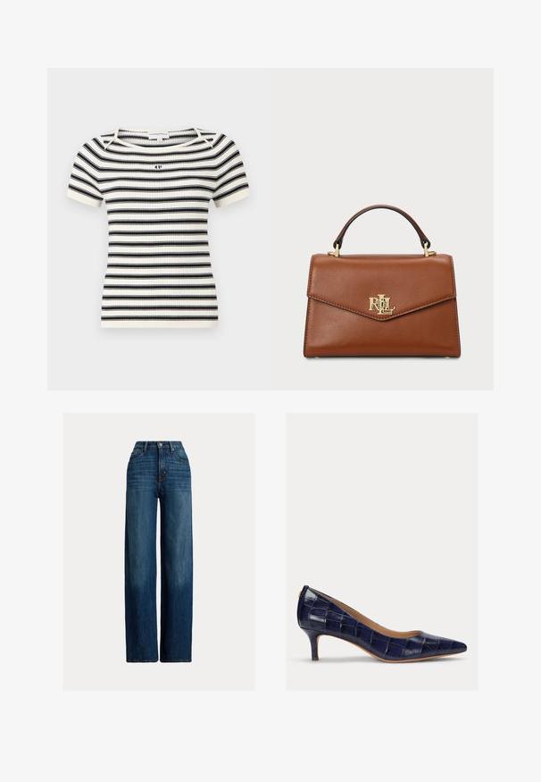 Rossz alsó bordás kötésű, rövid ujjú felső, vízszintes fekete és fehér csíkokkal, kerek nyakkivágással és egy kis logóval a mellkason.; Sötétkék, bő szárú farmernadrág. Magas derekú, gombos záródással és klasszikus, öt zsebes dizájnnal rendelkezik. Simaság jellemzi, enyhe kopással.; Sötétkék, lakkbőr magassarkú cipő hegyes orral és kicsi, karcsú sarokkal. Tömörített mintázattal rendelkezik, látható fémszíjakkal vagy díszítésekkel nem ellátva.; Barna bőrtáska struktúrált kialakítással, felülről fogható nyéllel, aranyszínű fémrészletekkel és logóval az elején. Simább textúrájú.