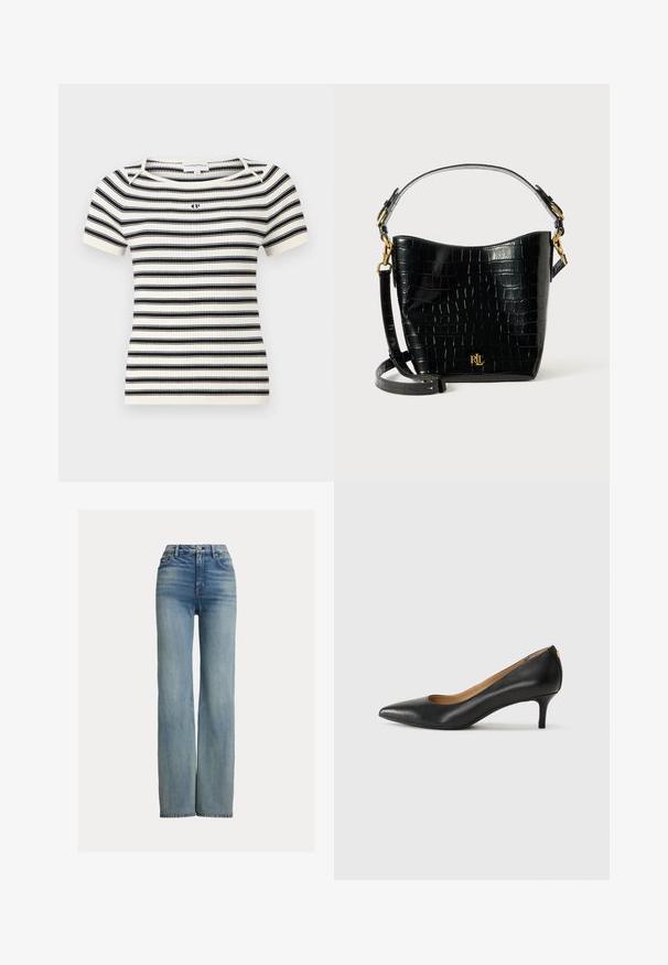 Geribbelde gebreide top met korte mouwen, voorzien van horizontale zwart-witte strepen, een ronde halslijn en een klein logo op de borst.; Hoge taille, rechte pijpen blauwe jeans met voorzakken, riemlussen en knoopsluiting, met subtiele vervaagde details.; Zwarte leren pump met een puntige teen, lage hak en een gladde textuur. Heeft een lichte opening aan de voorkant en minimale hardware aan de achterkant.; Zwarte croco-embossed leren tas met een gebogen ontwerp, gouden hardware-accenten, een verstelbare schouderriem en een logo-detail aan de voorkant.