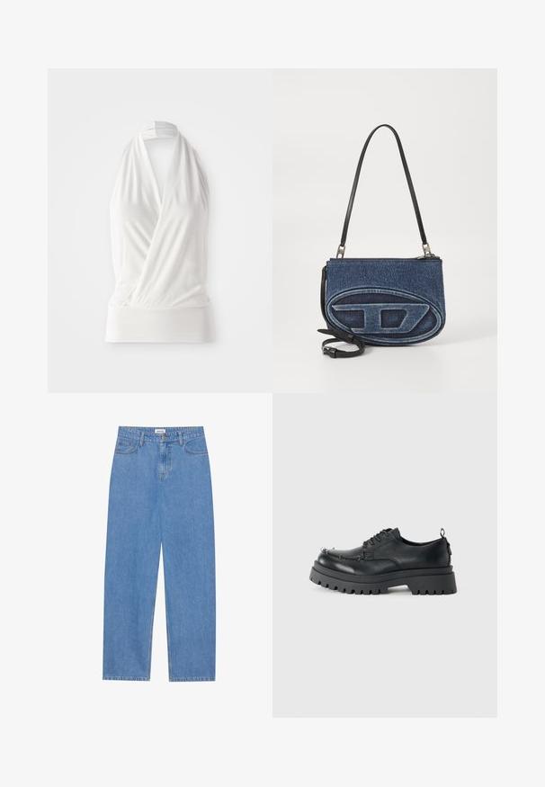 White sleeveless top with a wrap design, made of soft, lightweight fabric. Features a fitted band at the hem and a tied neck strap.; Light blue denim jeans with a straight cut, five-pocket design, single button closure, and subtle stitching details on the seams.; Black chunky leather lace-up shoe with thick rugged sole and metal eyelets on toe area, photographed against a plain light background.; Denim crossbody bag with a black leather strap, oval logo design on the front, and a zip closure at the top. Textured finish.