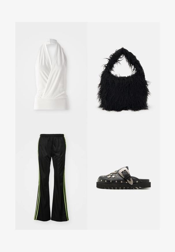 Haut sans manches blanc à design croisé, fabriqué en tissu doux et léger. Présente un bandeau ajusté à l'ourlet et une sangle de cou nouée.; Pantalons de sport noirs à forme évasée, avec des rayures latérales vertes, une taille élastique et une texture de tissu lisse et brillante.; Sabots en cuir noir avec ornementation métallique, y compris des rivets et une boucle décorative, dotés d'une semelle épaisse et crantée.; Even&Odd Cabas - black