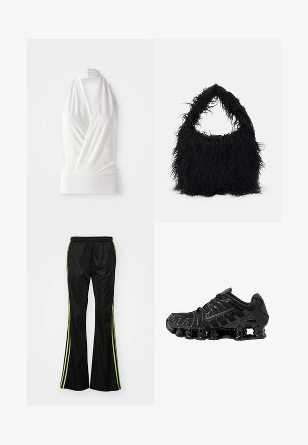 White sleeveless top with a wrap design, made of soft, lightweight fabric. Features a fitted band at the hem and a tied neck strap.; Black athletic pants with a flared shape, featuring green side stripes, elastic waistband, and smooth, shiny fabric texture.; Black athletic shoe with mesh upper and glossy overlays. Features curved coil cushioning and textured lines on the side. Nike logo visible.; Even&Odd Tote bag - black