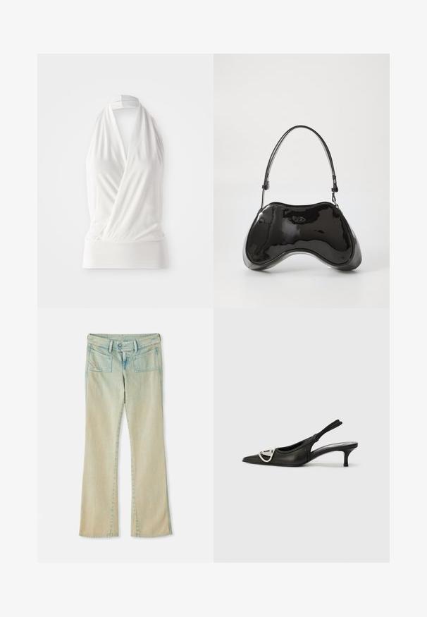 Hvid ærmeløs top med en omslagdesignet, lavet af blødt, let væv. Har en tætsiddende kant i bunden og en knyttet halsrem.; Lyseblå denim flared jeans med en falmet finish, der har bæltestropper, to forvaskede lommer og to baglommer med synlige syninger.; Sorte læderslipsko med spids tå, der har en sølvlogo detalje og en lille hæl. Glat tekstur og minimalistisk design.; Sort patentlæder håndtaske med en unik buet form, kort justerbar hank og en lynlåslukning i toppen. Glat tekstur med diskret branding.