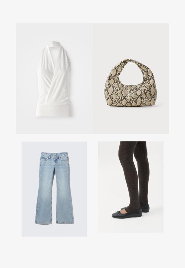 Top blanco sin mangas con un diseño envolvente, hecho de una tela suave y ligera. Presenta una banda ceñida en el dobladillo y una tira para el cuello atada.; Weekday NOVA - Vaqueros slim fit - lip blue; Zapatos planos negros con un pequeño lazo en la punta, combinados con medias de punto en marrón oscuro. Los zapatos tienen una textura suave y un perfil bajo.; Bolso de mano con estampado de serpiente y asa curvada. Hecho de materiales texturizados en tonos beige y marrón, con un patrónen diamante distintivo.