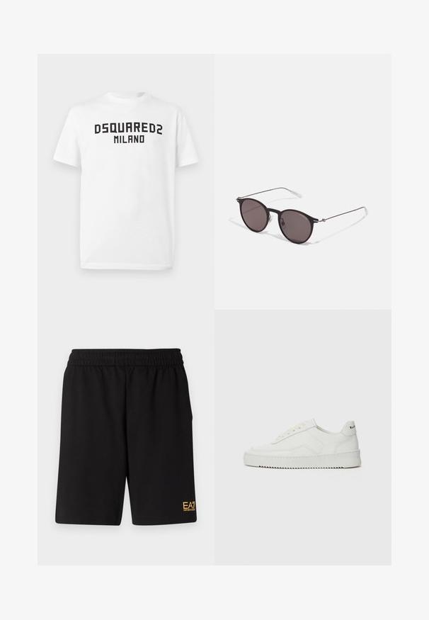 White short-sleeve T-shirt with black "DSQUARED2 MILANO" text centered on the chest against a plain white background.; Black athletic shorts made of soft fabric,Featuring an elastic waistband and a small yellow EA7 logo on the lower left leg.; White leather sneaker with a smooth finish, round toe, flat laces, and a textured sole. Features a subtle logo on the heel.; Black round sunglasses with dark lenses and slim metal arms. Includes clear temple tips and silver accents at the hinge. Minimalist design.