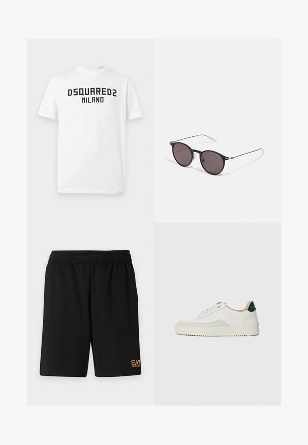 Witte T-shirt met korte mouwen en zwarte tekst "DSQUARED2 MILANO" gecentreerd op de borst tegen een effen witte achtergrond.; Zwarte sportshorts van zacht materiaal, met een elastische tailleband en een klein geel EA7-logo op de onderste linkeronderbroek.; Witte sneaker met suède accenten, ronde neus, platte veters en een crème rubberen zool. Bevat groene branding op de hiel.; Zwarte ronde zonnebril met donkere lenzen en slanke metalen armen. Inclusief heldere tempelpunten en zilveren accenten bij de scharnier. Minimalistisch ontwerp.