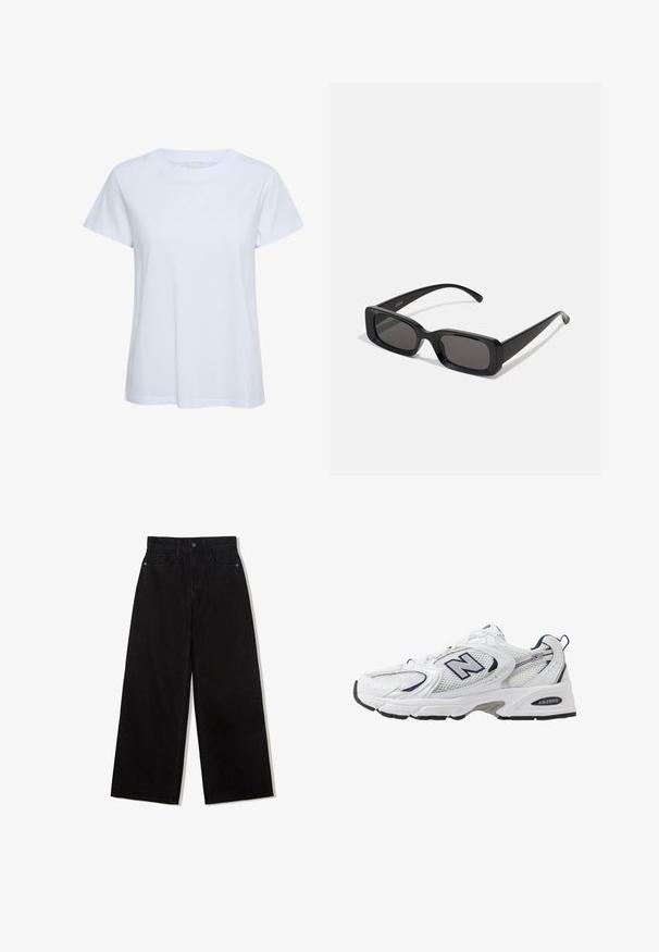 Witte t-shirt met korte mouwen van katoen, met een ronde halslijn en een relaxte pasvorm. Soepele textuur zonder zichtbare patronen of accenten.; Zwarte, wijde spijkerbroek van denim met een hoge taille, voorzien van een vijf-pocket ontwerp en een enkele knoopsluiting aan de voorkant.; Witte sport schoen met mesh bovenkant, marineblauwe accenten en een gehoorzaamde zool. Bevat het "N" logo, veters en een gestructureerde detail aan de zijkant.; Zwarte rechthoekige zonnebril met donkere lenzen, glanzende afwerking, brede pootjes en een robuust frameontwerp. Gegraveerde merknaam op één van de pootjes.
