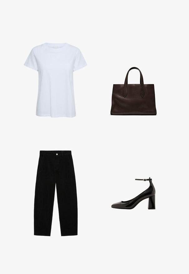 Bílá krátkosrstá tričko vyrobené z bavlny, s kulatým výstřihem a volným střihem. Hladká textura, bez viditelných vzorů nebo akcentů.; Černé kordové kalhoty s širokým střihem, vybavené bočními kapsami a předním zapínáním na knoflík. Textura je jemně vroubkovaná, což poskytuje měkký pocit.; Černé lakované lodičky s ankletovým páskem, lesklým povrchem, špičatou špičkou a silným blokovým podpatkem. Hladký povrch, minimální detaily.; Hnědá kožená taška přes rameno s dvěma dlouhými uchy, strukturální obdélníkový tvar, hladká textura a jemné švy.