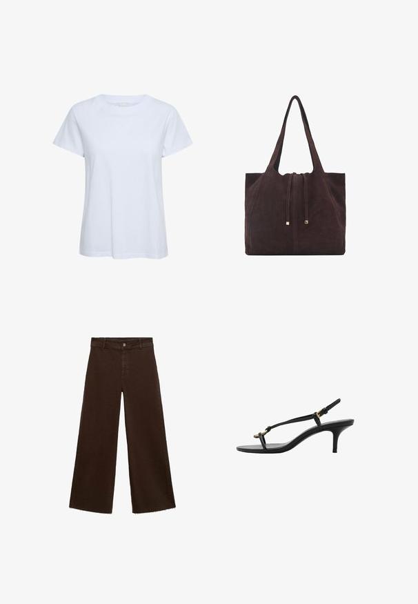 T-shirt bianco a maniche corte realizzato in cotone, caratterizzato da un colletto rotondo e una vestibilità rilassata. Texture liscia senza motivi o accenti visibili.; Pantaloni larghi marroni in misto cotone, caratterizzati da orlo sfrangiato, chiusura frontale con bottone e classico design a cinque tasche. Minimalisti e versatili.; Sandal con zeppa kitten nera in pelle, con sottili cinturini, fibbia dorata e una minimalista fascetta per le dita su sfondo bianco.; Mango Shopping bag - dark brown