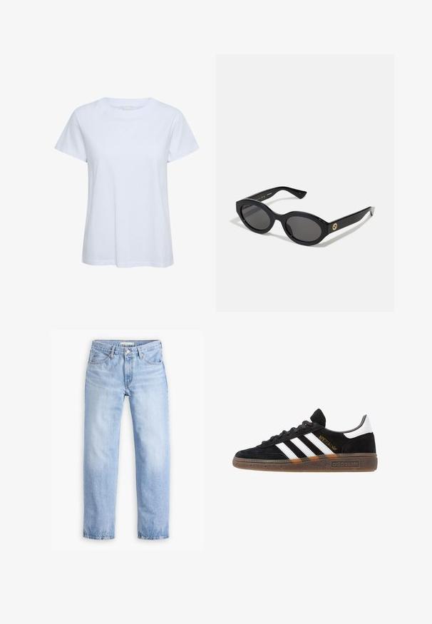 Valkoinen lyhythihainen t-paita, joka on valmistettu puuvillasta. Paidassa on pyöreä pääntie ja rento malli. Pintakuviointi on sileä ilman näkyviä kuvioita tai yksityiskohtia.; Vaaleansininen farkkutakki, jossa on suora lahje, viisi taskua ja keskipituinen vyötärö. Ominaisuuksiin kuuluu haalistunut pinta ja ommeltu helma.; Mustat Adidas-nikeset, joissa on valkoiset raidat, kultaiset "Spezial"-tekstiset, kumipohja ja valkoinen kantapää, esitetty sivuprofiilissa.; Mustat soikeat aurinkolasit tummilla linsseillä ja kiiltävästä muovista valmistetulla kehällä. Varustettu kullanvärisellä logolla temppeleissä, tarjoten tyylikkään ja modernin muotoilun.