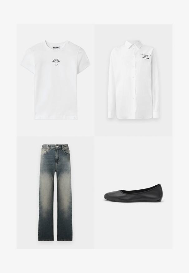 Valge puuvillane T-särk, millel on must trükitud logo rinnal koos brändinimega "MOSCHINO" ja aastaga "86-23". Koonuskaelus ja lühikesed varrukad.; Valge pika varrukaga särk nööbiga, millel on krae ja must tikandiga tekst "Moschino Jeans" vasakul ülal rinnas.; Kõrge vöökohaga sirged teksad, millel on pleekinud heleda ja tumeda denimi pesu ning klassikaline viie-tasku disain.; Musthave mustika tantsutossud mustast nahast, ümmarguse varbaga, siledast tekstuurist, minimaalse õmblusdetailiga ja paindliku tallakujundusega.