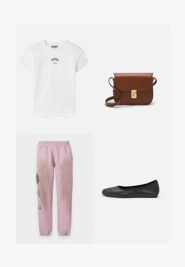 Fehér pamut póló, fekete nyomott logóval a mellkasán, a "MOSCHINO" márkanevével és az "86-23" évszámmal, kerek nyakkivágással és rövid ujjakkal.; Rózsaszín melegítőnadrág elasztikus derékkal, bal oldalon gyémánt alakú dekoratív foltokkal és elasztikus szárakkal az bokákon.; Fekete bőr balettcipő lekerekített orral, sima tekstúrával, minimális varrással és rugalmas talp kialakítással.; Barna bőr kézitáska, hajtókás zárással, arany színű fém kiegészítőkkel, vállpánttal és sima felülettel. Kompakt téglalap alakú.