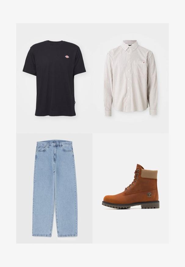 Fekete pamut póló rövid ujjakkal, kerek nyakkivágással és kis színes logóval a bal mellrészen. Egyenes szegéllyel rendelkezik.; Hosszú ujjú, fehér, gombos ing vékony, függőleges piros csíkokkal, amelyen egy kis piros és kék logóval ellátott mellzseb található.; Világoskék farmernadrág egyenes szárú kivitelben, közepes derékkal, öt zsebbel, gombos és cipzáros záródással.; Timberland Fűzős bokacsizmák - medium orange