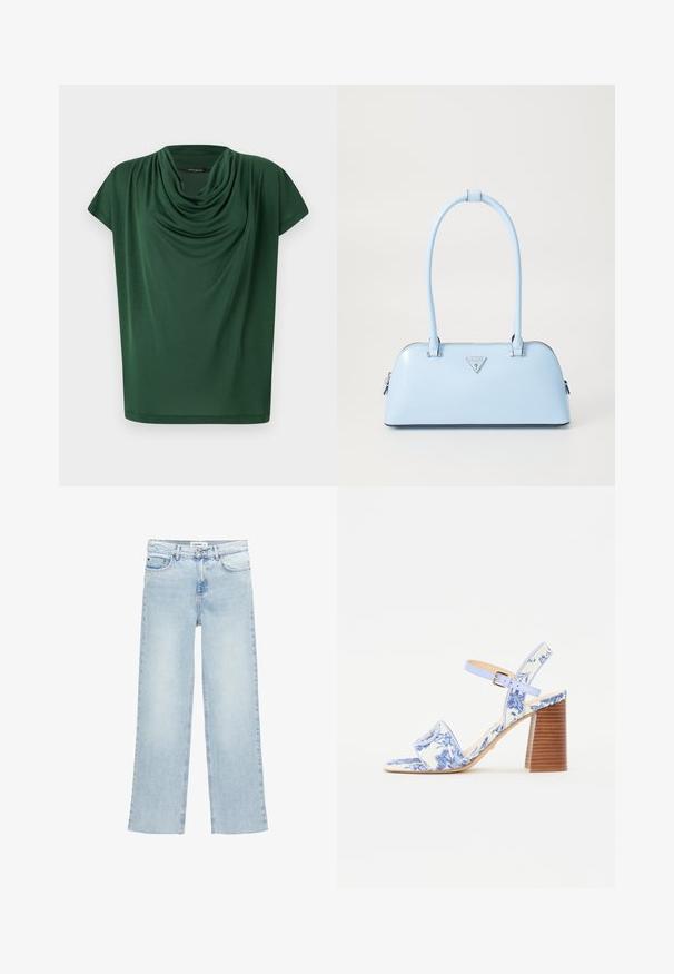 Zielona bluzka z lekkiego materiału. Posiada dekolt w kształcie czołgu oraz rękawki typu cap, charakteryzuje się gładką fakturą i luźnym krojem.; Jasnoniebieskie, szerokie dżinsy z denimu o wysokim stanie, z pięcioma kieszeniami i zapięciem na guzik. Charakteryzują się minimalnymi detalami w przeszyciach.; Niebieskie sandały w kwiatowy wzór z kwadratowym noskiem, szerokim paskiem i regulowanym paskiem wokół kostki, z teksturowanym, drewnianym obcasem w kształcie bloku.; Jasnoniebieska torebka o sztywnym kształcie, wykonana z gładkiej skóry, z dwoma uchwytami i trójkątnym logo marki z przodu. Zamek błyskawiczny.