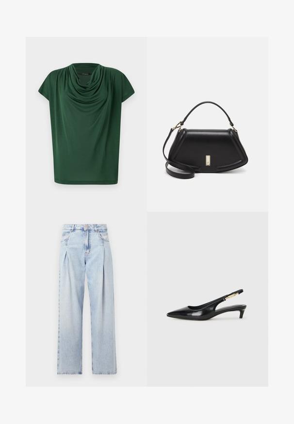 Green draped top made of lightweight fabric. Features a cowl neckline and cap sleeves, with a smooth texture and loose fit.; Light blue denim jeans with a high waist, wide-leg cut, two side pockets, and pleated design feature. Soft texture with a faded finish.; Black leather slingback heels with a pointed toe, featuring a slim heel and a gold-tone accent on the adjustable strap. Smooth texture.; Black leather handbag with a structured design, featuring a cropped shape, top handle, and gold hardware accent. Adjustable shoulder strap included.