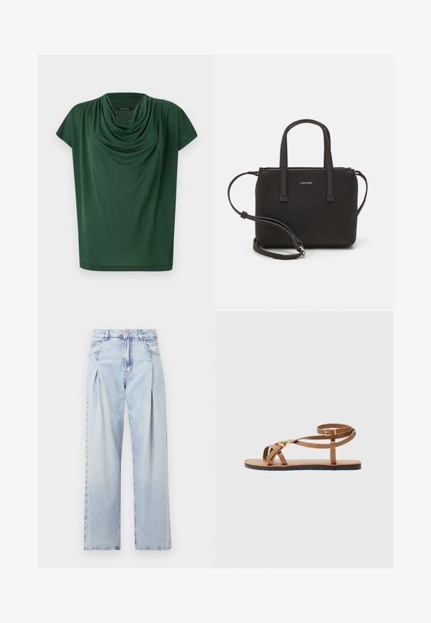 Žalia drapiruota viršutinė dalis, pagaminta iš lengvo audinio. Turi drapiruotą kaklo iškirpimą ir trumpas rankoves, su lygiu paviršiumi ir laisvu siluetu.; Šviesiai mėlyni džinsai su aukštu liemeniu, plačiomis kojomis, dviem šoninėmis kišenėmis ir raukinių dizainu. Minkšta tekstūra su nudilusia apdaila.; Rudos odos šlepetės su plonu dirželių dizainu, turinčios auksinės spalvos sagtį ir plokščiu juodu padu su zigzago kraštu.; Juoda rankinė su dviem trumpais rankenėlėmis ir nuimamu petį. Lygaus odos tipo medžiaga su užtrauktuku ir logotipo detale.