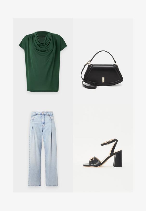 Grøn draperet top lavet af letvægtsstof. Har en cowl-udskæring og korte ærmer, med en glat tekstur og løst snit.; Lyseblå denim jeans med høj talje, bred benåbning, to sidelommer og plisseret design. Blød tekstur med et falmet finish.; Sorte hælede sandaler lavet af glat læder, med firkantet tå, ankelrem og en guldfarvet detalje på fronten.; Sort læderhåndtaske med en struktureret design, der har en kortet form, tophåndtag og guld hardware-accenter. Justerbar skulderrem inkluderet.