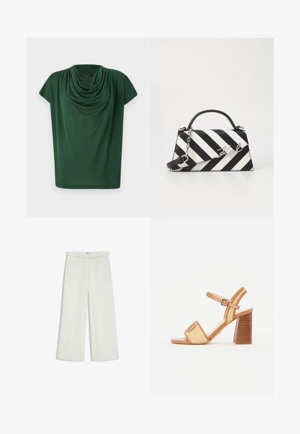 Grøn draperet top lavet af letvægtsstof. Har en cowl-udskæring og korte ærmer, med en glat tekstur og løst snit.; Bredde bukser i lys cremefarvet stof, med sidelommer, flad front og en enkelt knaplukning i taljen. Glat tekstur.; Brune læder og vævede halmstrop hæle sandaler, med ankelrem, åbent tåparti og en chunky træagtig hæl med vandrette striber.; Sort-hvid stribet håndtaske med en struktureret form, der har et håndtag på toppen, en aftagelig kædestrop og et metallisk logo som accent.