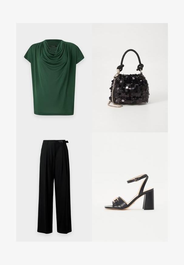 Zaļa drapēta blūze, kas izgatavota no viegla auduma. Tai ir kapučo veida kakls un īsās piedurknēm, gluda tekstūra un brīvs piegriezums.; Melni plaši bikses ar augsto jostasvītru, priekšā ar krokojiem un jostu ar sprādzi. Izgatavotas no gludas, vieglas auduma.; Melni papēžu sandales no gludas ādas, ar kvadrātu purngaliem, potītes siksniņu un zeltīta akcenta detaļu priekšpusē.; Melna spīguļota mini rokas soma ar mezglotu teksturētu siksniņu un sudraba ķēdi. Apaļa forma ar sakopotām malām un atstarojumu detaļām.
