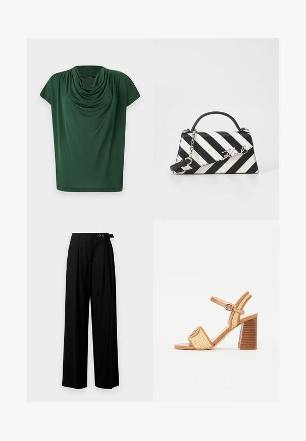 Zöld, könnyű anyagból készült, drapált felső. Keresztvágott nyakkivágással és rövid ujjakkal rendelkezik, sima textúrájú és laza szabású.; Fekete, bő szárú nadrág magas derékkal, elöl pliszírozva, és csattal ellátott övvel. Simább, könnyű anyagból készült.; Barna bőr és szőtt szalma magassarkú szandál, bokapánttal, nyitott orral és vastag, fára hasonlító sarokkal, vízszintes csíkokkal.; Fekete-fehér csíkos kézitáska, strukturált formával, felső fogantyúval, leválasztható lánc pánttal és fémes logóval.