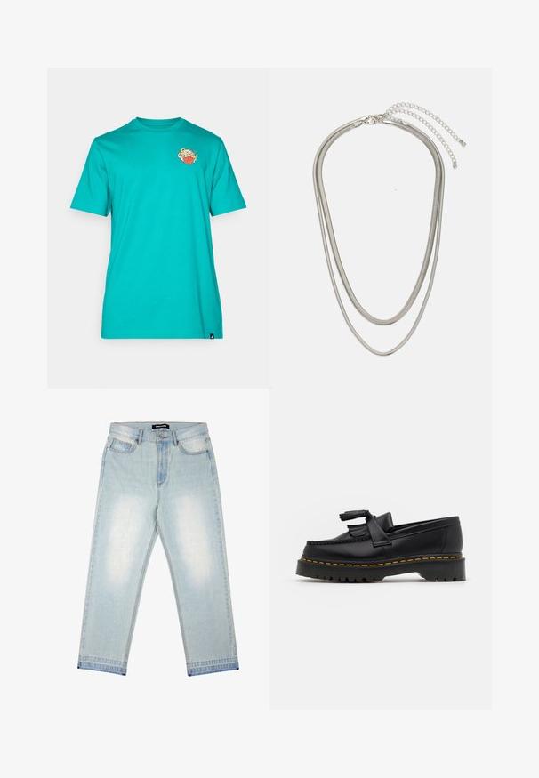 Turkoosi puuvillainen t-paita pyöreällä kauluksella, jossa on värikäs graafinen logo vasemmassa rinnassa. Lyhyet hihat ja suora helma.; Pegador BARROW - Loose fit -farkut - sand washed blue; Musta nahkakengät, joissa on tupsuakkentti, paksu musta pohja ja keltainen ommel reunassa. Rakeinen pinta.; Kolmikerroksinen hopeametallinen kaulakoru, jossa on tyylikkäitä, joustavia ketjuja, joissa on hieno kiilto. Kaulakoru on kiinnitetty hummerilukolla ja siinä on säädettävä ketju.