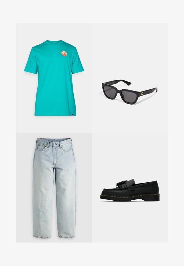 Turquoise cotton t-shirt with a crew neck, featuring a colorful graphic logo on the left chest. Short sleeves and straight hem.; Light blue denim jeans with a straight leg, five pockets, and a button-fly closure; features faded areas and subtle stitching details.; Black leather loafer with tassels, yellow stitching along the sole, and a thick, ridged rubber outsole.; Black rectangular sunglasses with a glossy finish, dark lenses, and gold hardware accent on the temple featuring the logo.