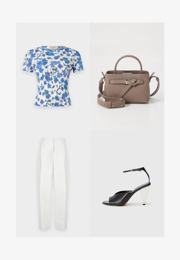 Koszulka z krótkim rękawem z lekkiego materiału, z kwiatowym wzorem w odcieniach niebieskiego i zielonego na białym tle, o dopasowanym kroju.; Paul Smith - Spodnie materiałowe; Czarne skórzane sandały na wysokim obcasie z odkrytymi palcami, asymetrycznym wzorem, paskiem w okolicy kostki oraz metalicznym obcasem w kształcie stożka. Gładka faktura na całej powierzchni.; Taupe skórzana torebka o fakturze z górnym uchwytem, regulowanym paskiem na ramię i dekoracyjnym węzłem na czystym białym tle.; Kwiatowy diadem wykonany z białych płatków z cienką, elastyczną opaską. Płatki są miękkie i lekkie, tworząc delikatny, warstwowy wygląd.