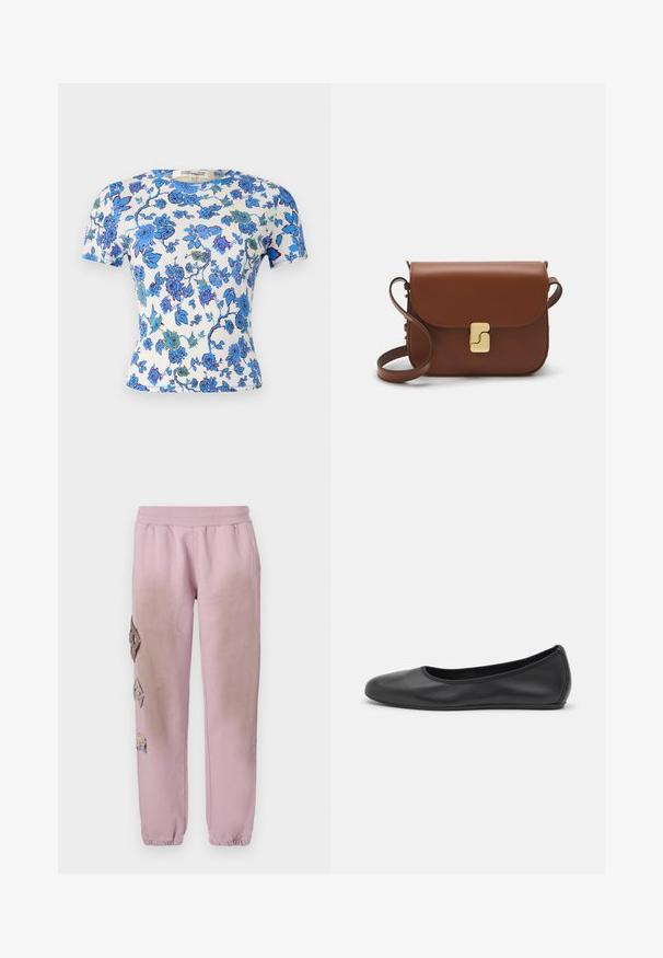 Tričko s krátkym rukávom vyrobené z ľahkej látky, s kvetinovým vzorom v modrej a zelenej farbe na bielom pozadí a s priliehavým strihom.; Ružové tepláky s elastickým pásom, s ozdobnými nášivkami v tvare diamantu na ľavej strane a elastickými manžetami na členkoch.; Čierne kožené baleríny s okrúhlou špičkou, hladkým povrchom, minimálnym prešívaním a flexibilným dizajnom podrážky.; Hnedá kožená kabelka s klopou, zlatými kovovými prvkami, ramenným popruhom a hladkým povrchom. Kompaktný obdĺžnikový tvar.