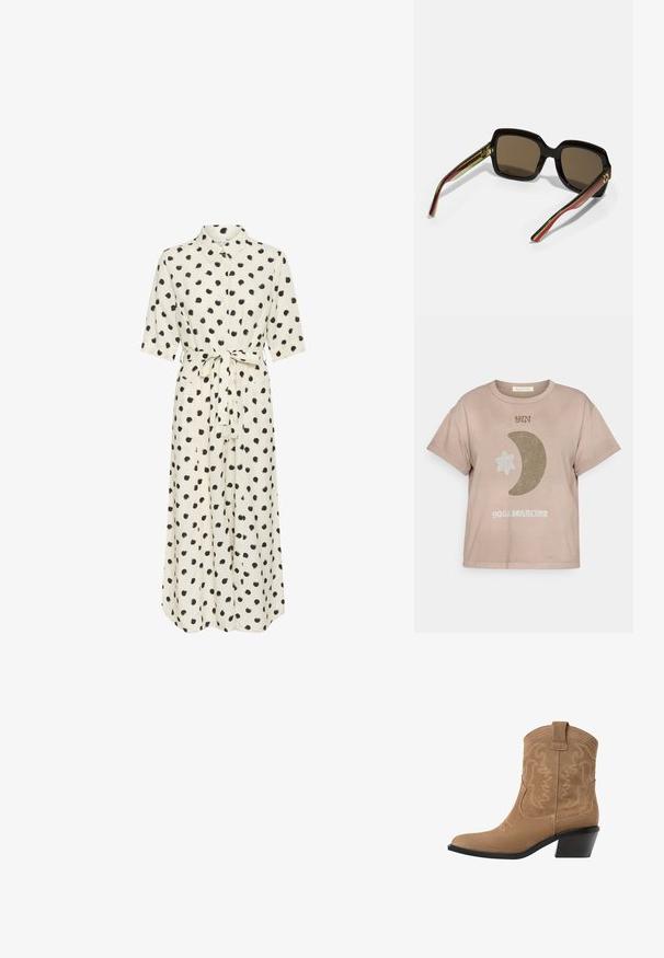 Krátký rukáv, taupe bavlněné tričko s textem "YIN", grafikou půlměsíce a hvězdy v přírodních barvách. Má volný střih.; Krémové šaty s černými puntíky, zapínání na knoflíky vpředu, krátké rukávy a uvázaný pas. Hladká tkanina, délka po kotníky, volný silueta.; Hnědé semišové westernové kotníkové boty s špičatou špičkou, vyšívaným designem a nízkým, zúženým černým podpatkem. Obsahují poutka pro snadné obouvání.; Černé oversized sluneční brýle s hnědými skly. Mají unikátní pruhované stranice v zelené a červené barvě a zlaté kovové akcenty. Čtvercový tvar.