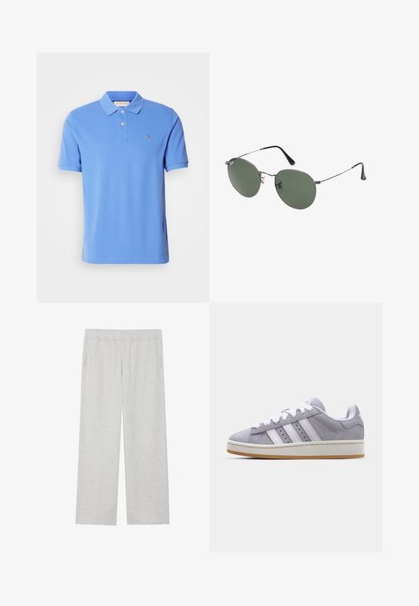 Blå polo skjorte lavet af bomuld, med en klassisk krave, to-knaps lukning og et broderet logo på brystet. Korte ærmer.; Lys grå, løstsiddende sweatpants lavet af blødt stof. Har en elastisk talje og sidelommer. Glat tekstur med et enkelt design.; Grå ruskindssko med hvide striber, rund tå og gummisål. Har perforeringer på siden og en struktureret hælflap.; Metalrammede solbriller med ovale grønne linser. Tynd sølvmetalramme og sorte ørepropper. Minimalistisk design, ingen synlige logoer.